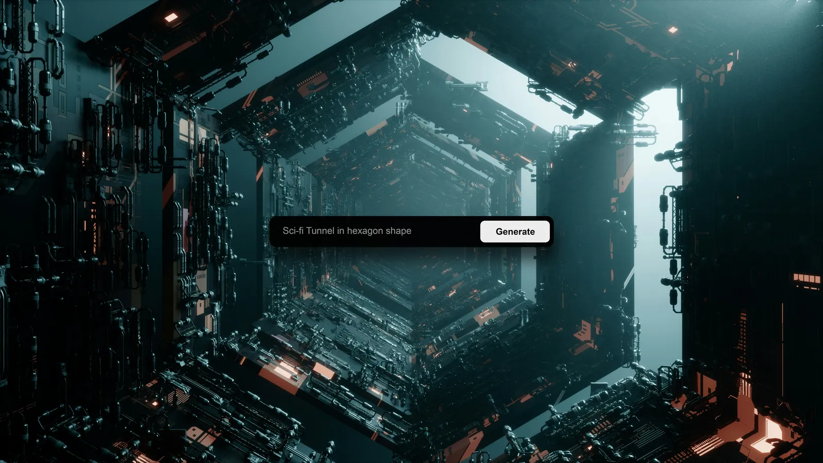 Dark sci-fi hexagonal tunnel of industrial machinery with a prompt box reading "Sci-fi Tunnel in hexagon shape" and a Generate button