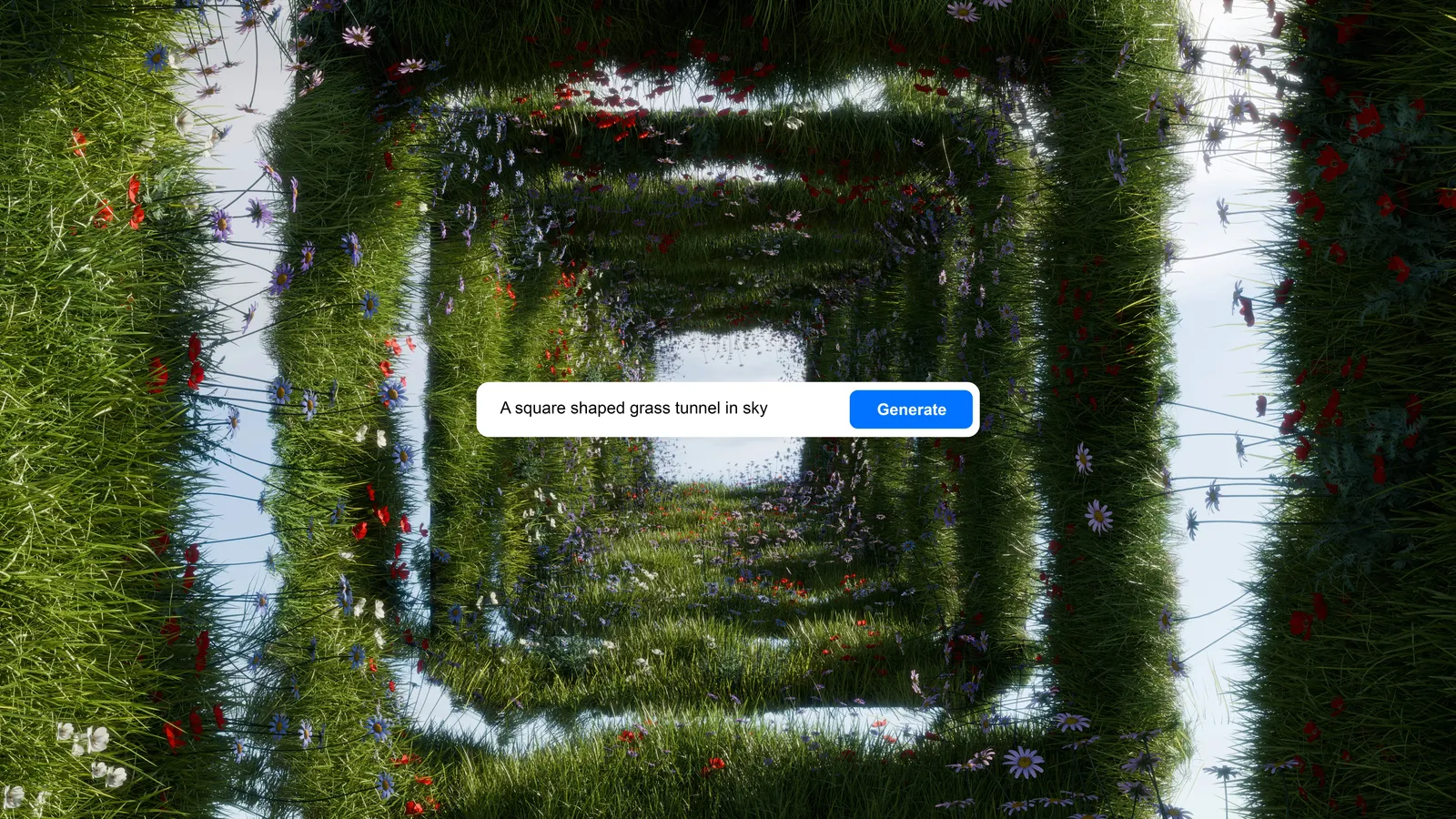 AI prompt box reading "A square shaped grass tunnel in sky" with a Generate button over a surreal tunnel of grass and wildflowers