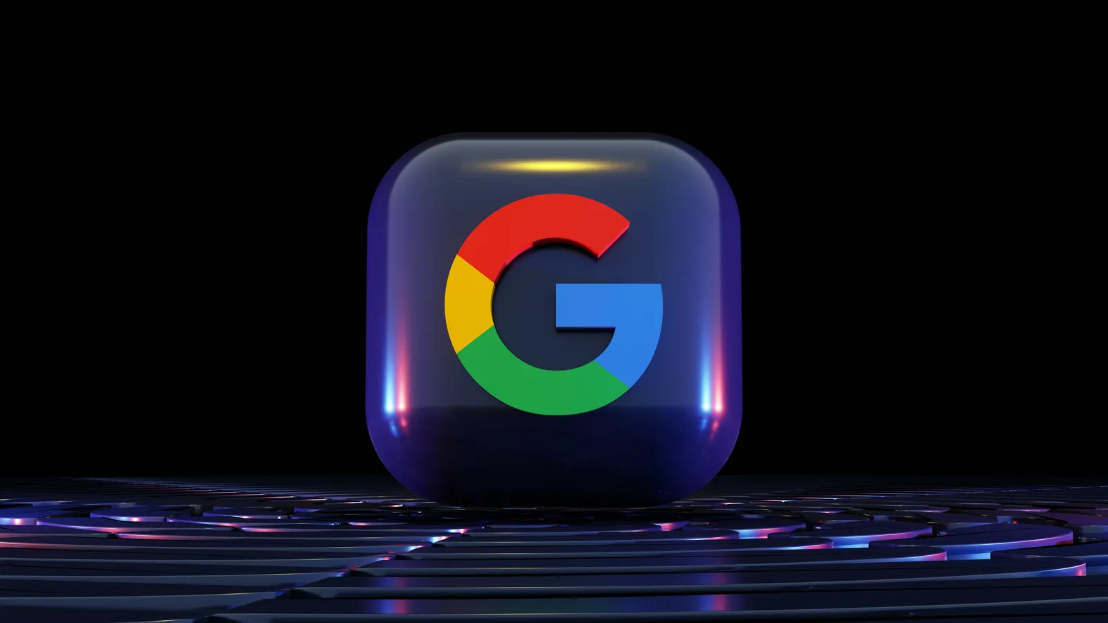3D rendered Google G logo on a glossy translucent navy app icon, glowing on a dark reflective surface against black