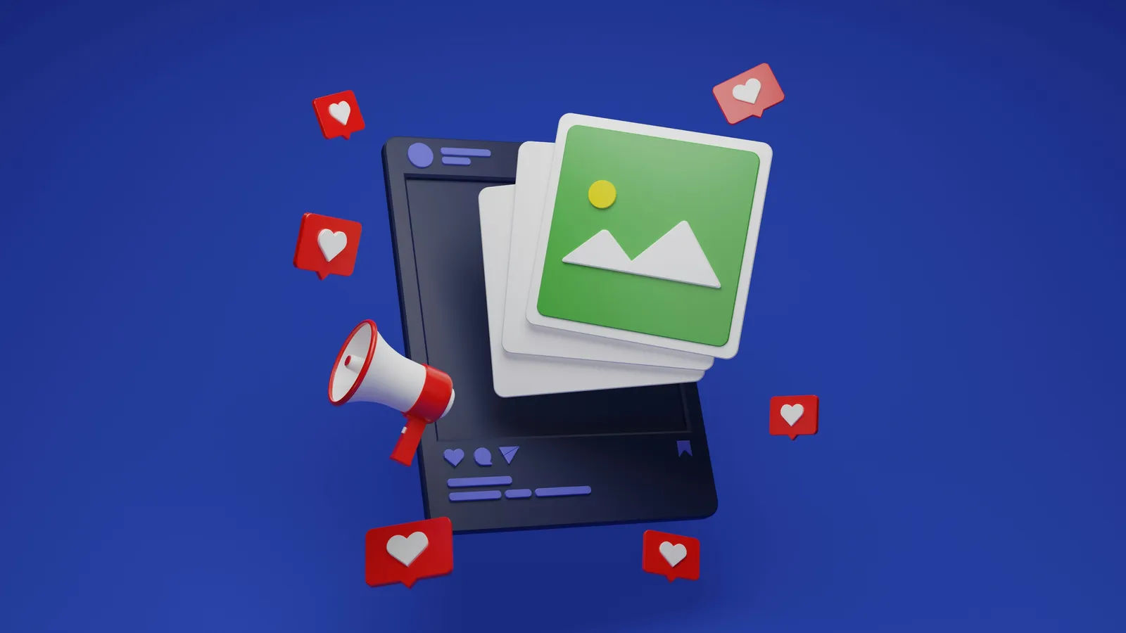3D social media post mockup with stacked photo cards, a red megaphone and floating heart like icons on a blue background