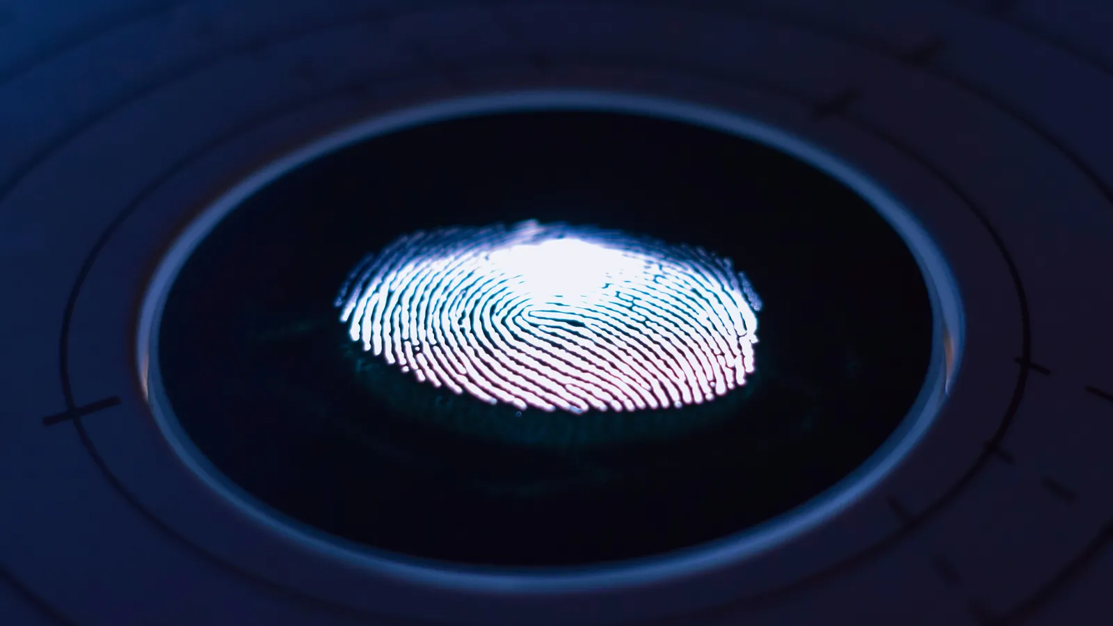 Glowing white fingerprint on a dark circular biometric scanner surrounded by concentric blue rings