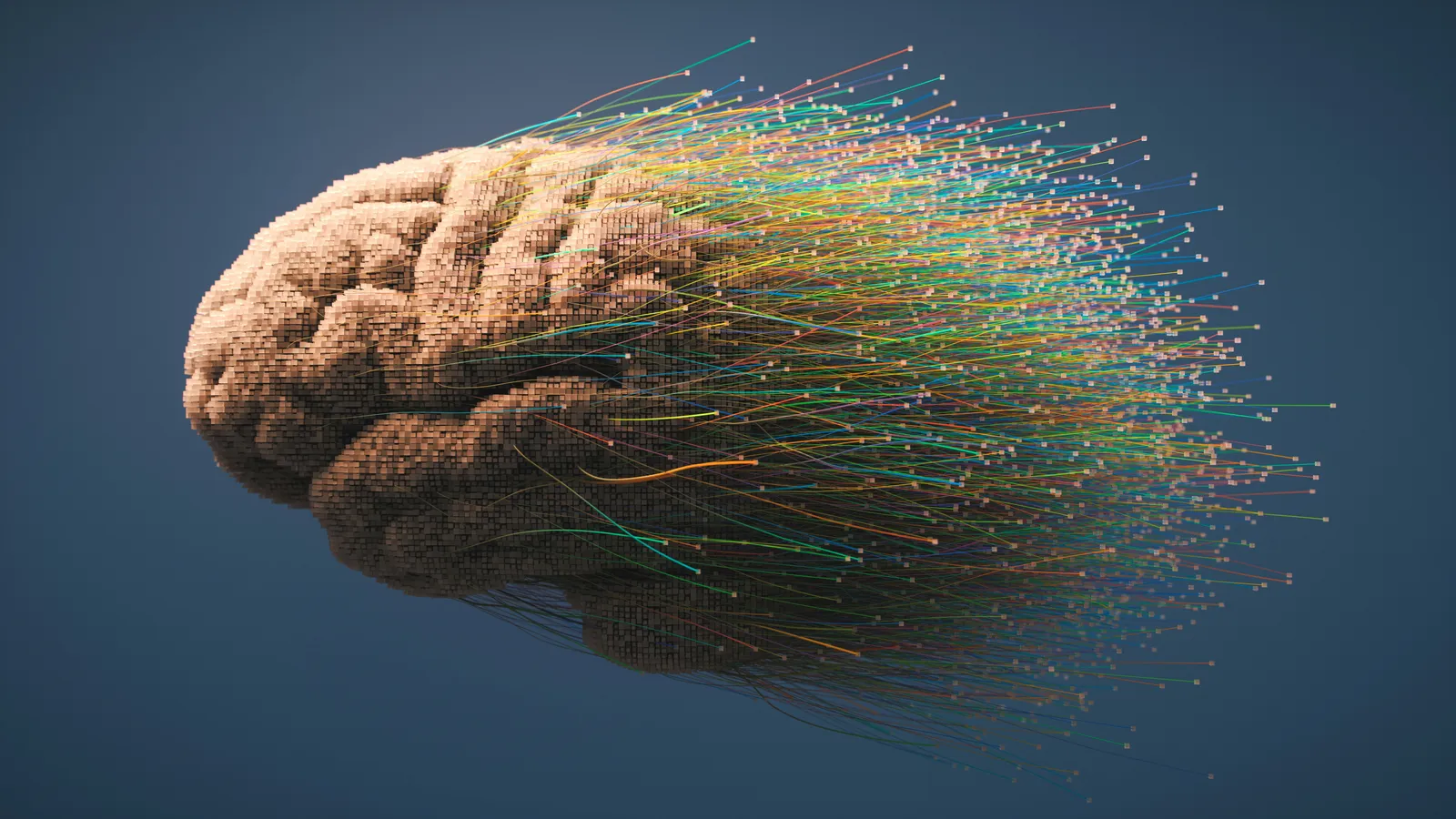 Voxel-style 3D brain with thousands of colorful fiber strands streaming out to the right against a dark blue background