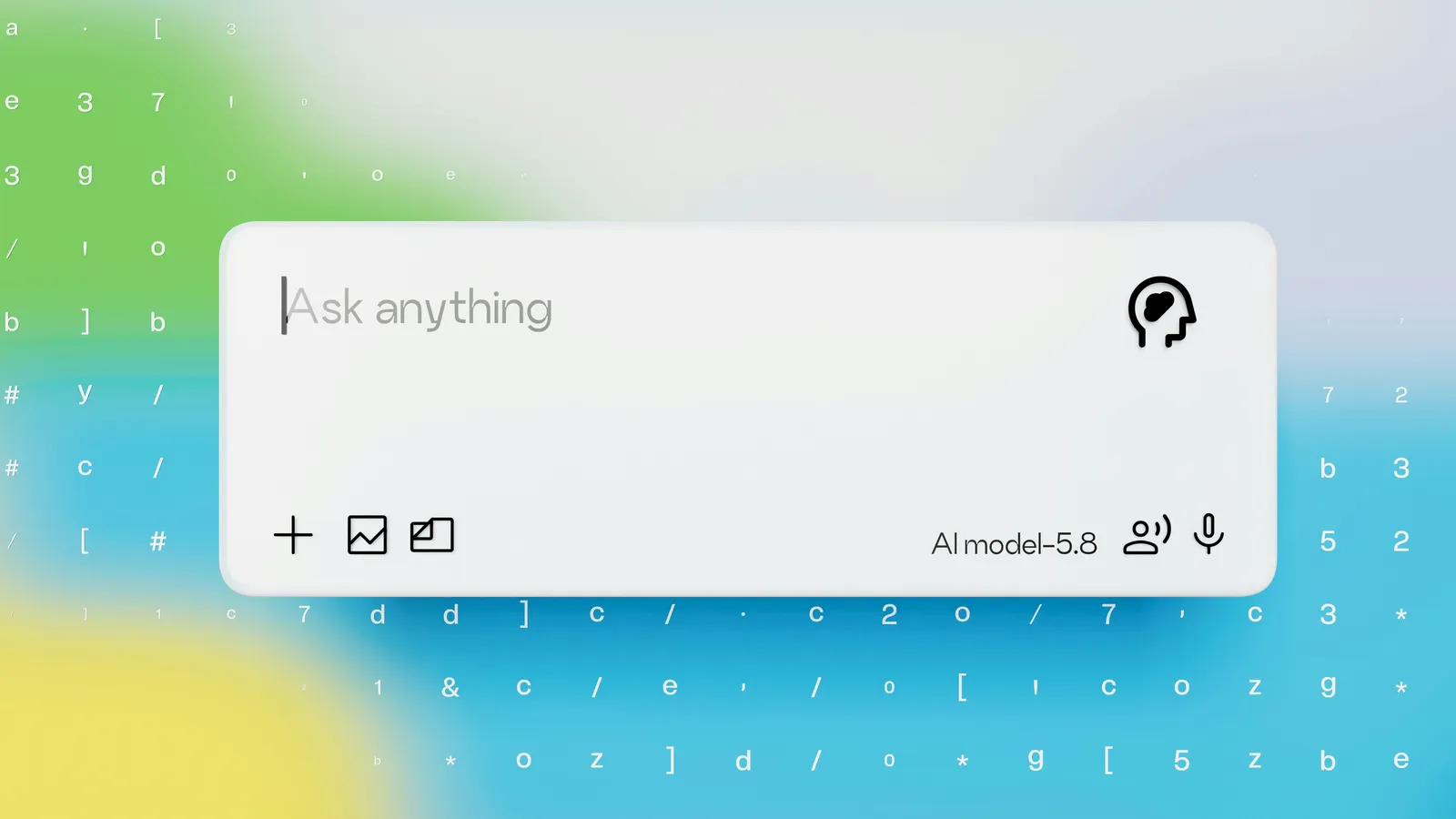AI chat prompt box reading Ask anything over a blurred colorful gradient with scattered white characters