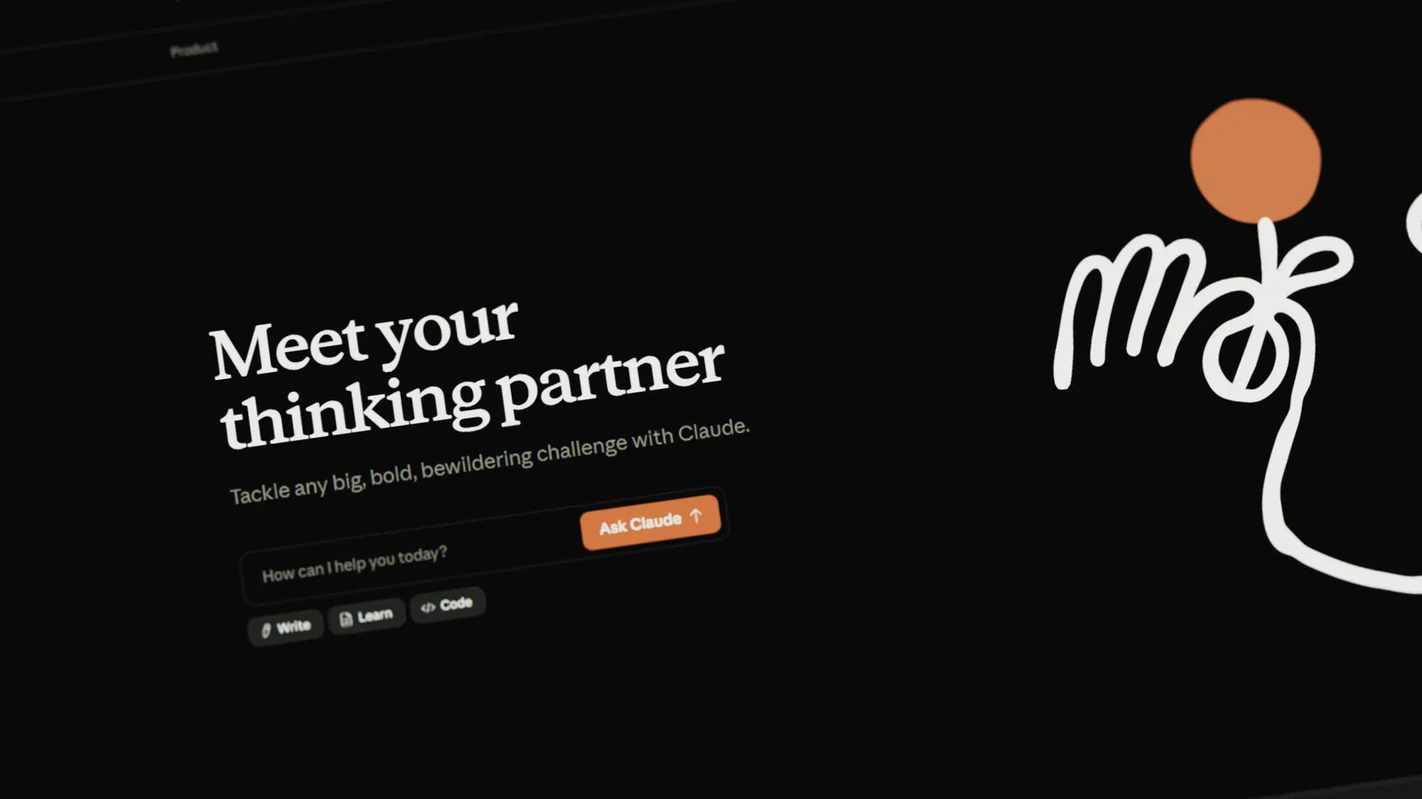 Angled screen showing the Claude homepage on a dark theme with the headline Meet your thinking partner and an orange Ask Claude button