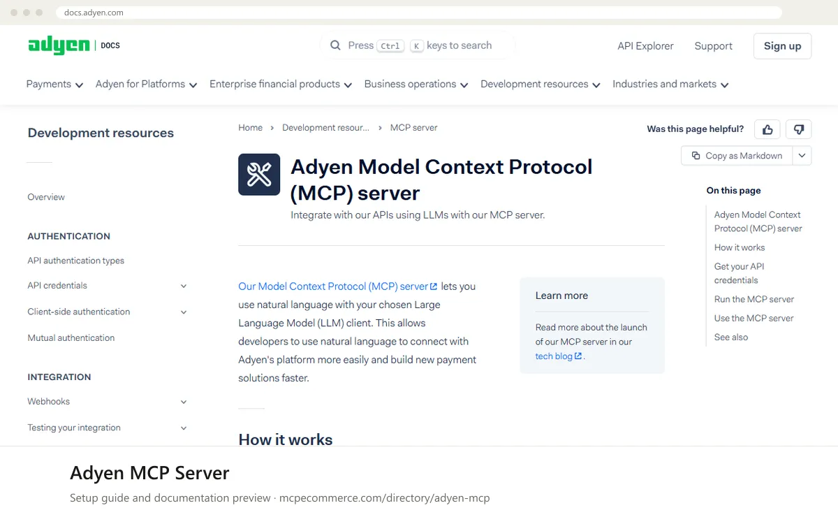 Adyen MCP Server: documentation preview Adyen MCP Server setup guide: Adyen's MCP documentation page on docs.adyen.com, shown in a browser frame (payments MCP server for e-commerce)