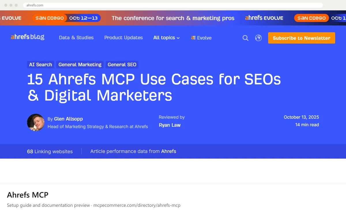 Ahrefs MCP: documentation preview Ahrefs MCP setup guide: Ahrefs's MCP documentation page on ahrefs.com, shown in a browser frame (seo MCP server for e-commerce)