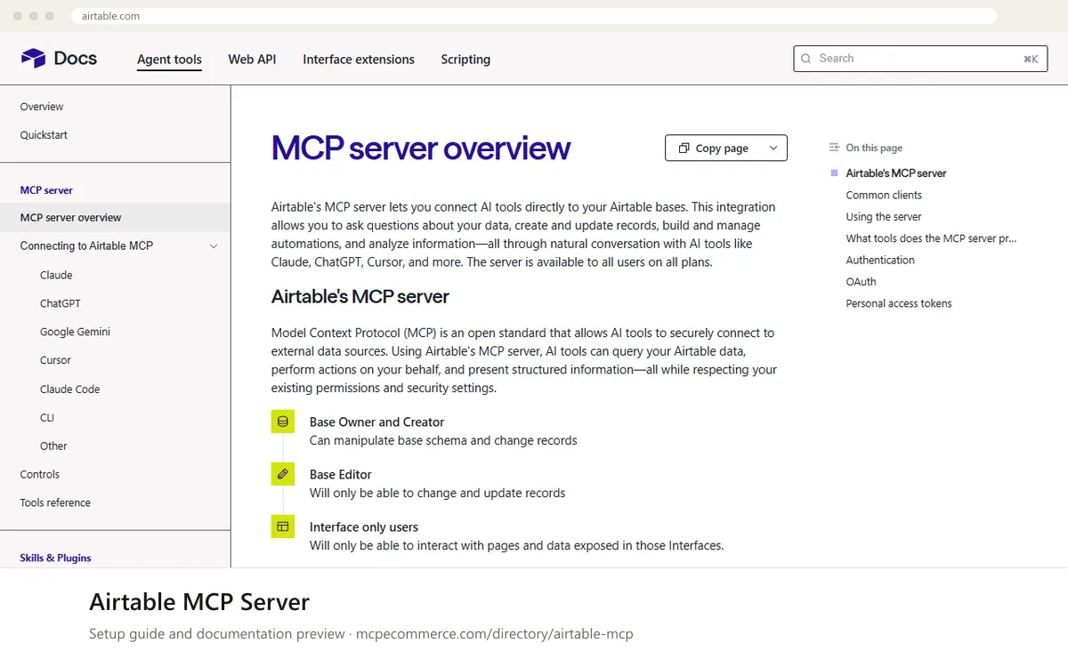 Airtable MCP Server: documentation preview Airtable MCP Server setup guide: Airtable's MCP documentation page on airtable.com, shown in a browser frame (agency operations MCP server for e-commerce)