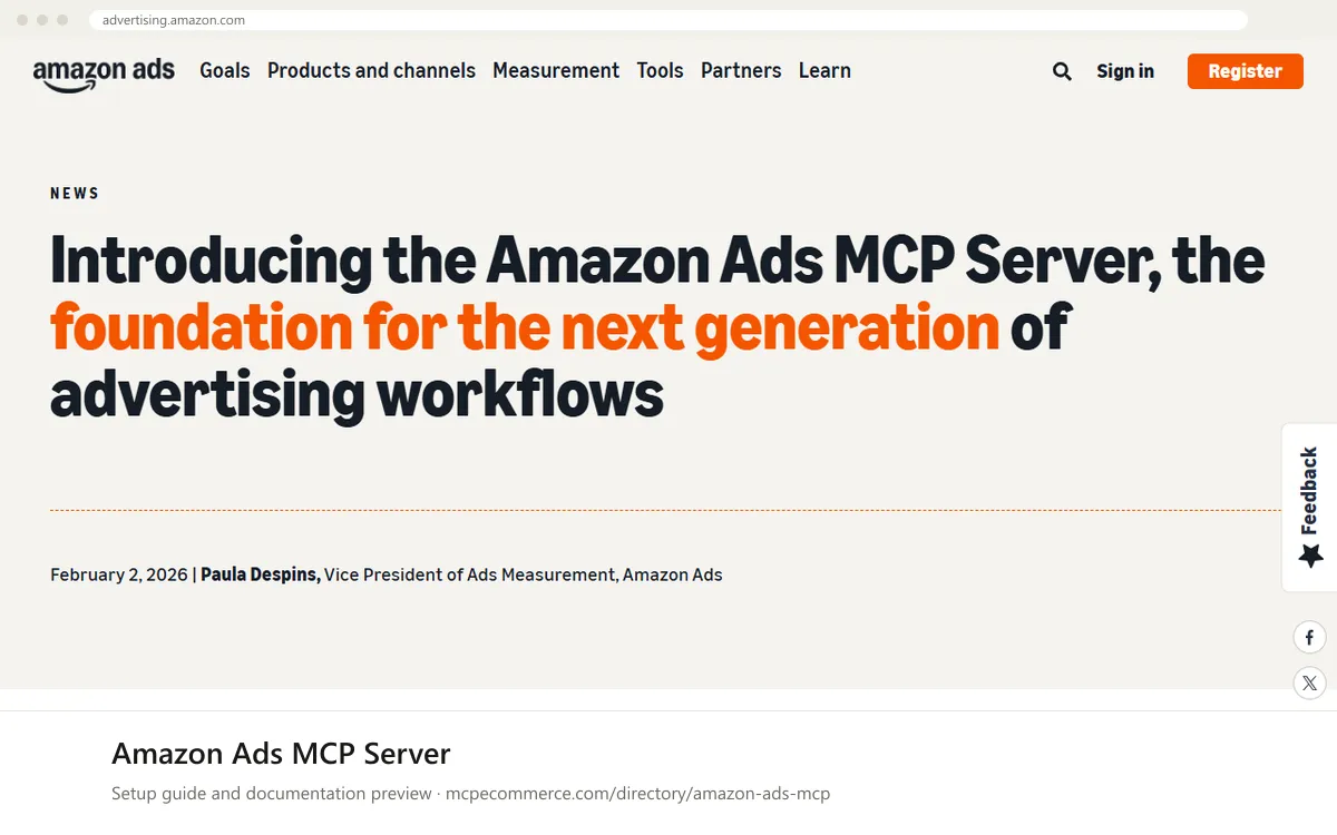 Amazon Ads MCP Server: documentation preview Amazon Ads MCP Server setup guide: Amazon Ads's MCP documentation page on advertising.amazon.com, shown in a browser frame (advertising MCP server for e-commerce)