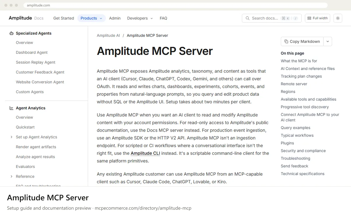 Amplitude MCP Server: documentation preview Amplitude MCP Server setup guide: Amplitude's MCP documentation page on amplitude.com, shown in a browser frame (analytics MCP server for e-commerce)