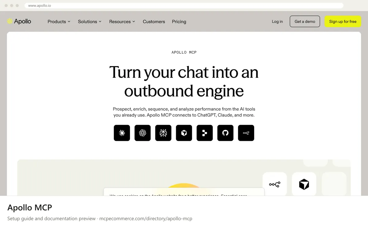 Apollo MCP setup guide: Apollo.io's MCP documentation page on www.apollo.io, shown in a browser frame (agency operations MCP server for e-commerce)