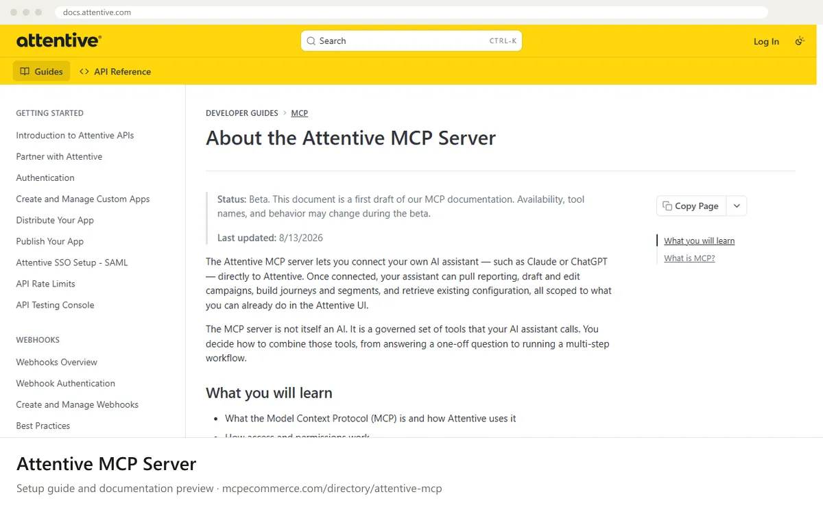 Attentive MCP Server setup guide: Attentive's MCP documentation page on docs.attentive.com, shown in a browser frame (email and crm MCP server for e-commerce)