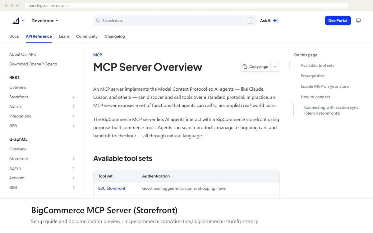 BigCommerce MCP Server (Storefront): documentation preview BigCommerce MCP Server (Storefront) setup guide: BigCommerce's MCP documentation page on docs.bigcommerce.com, shown in a browser frame (store platform MCP server for e-commerce)