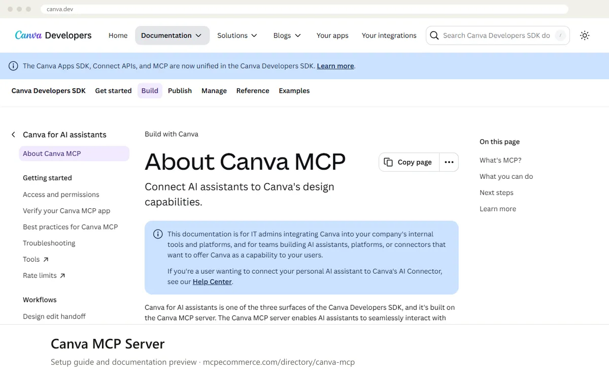 Canva MCP Server: documentation preview Canva MCP Server setup guide: Canva's MCP documentation page on canva.dev, shown in a browser frame (creative and content MCP server for e-commerce)