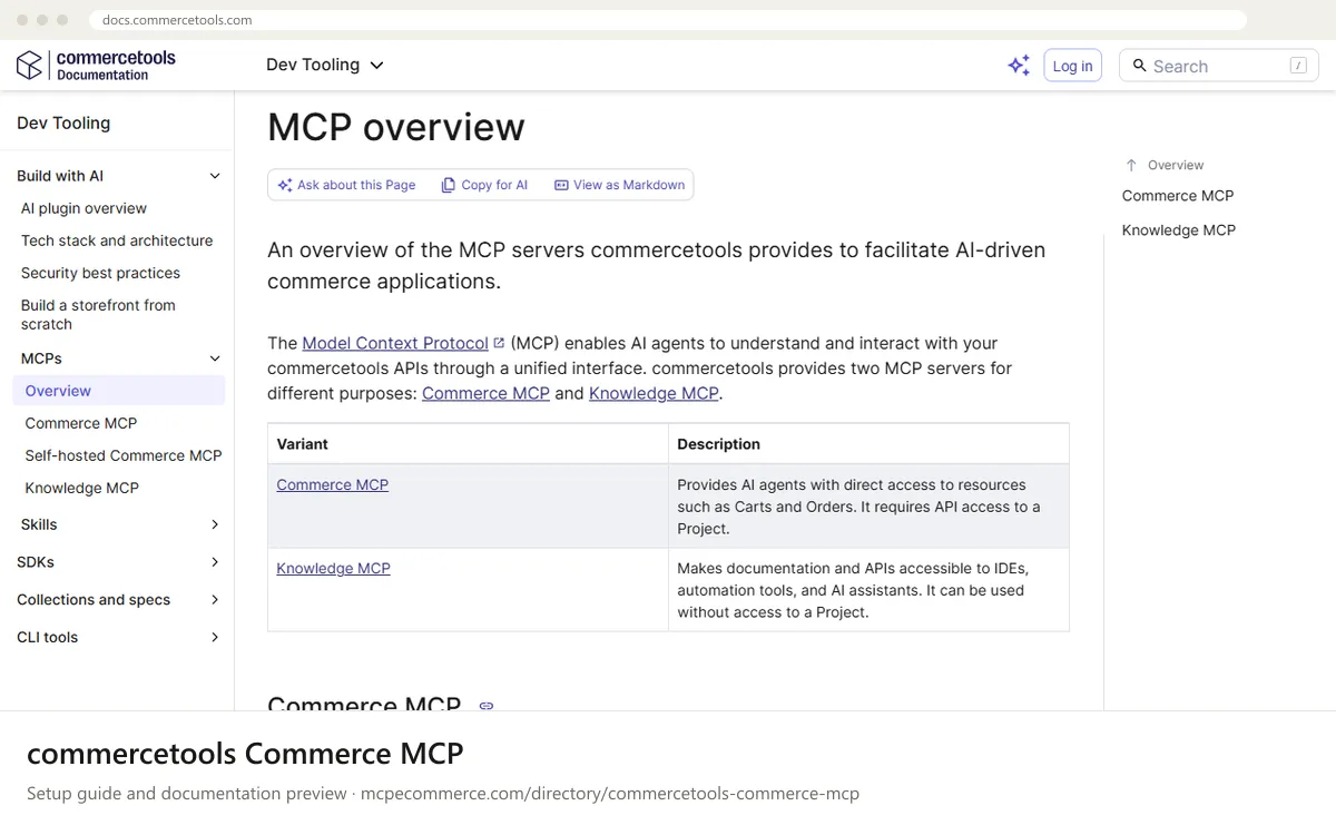 commercetools Commerce MCP: documentation preview commercetools Commerce MCP setup guide: commercetools's MCP documentation page on docs.commercetools.com, shown in a browser frame (store platform MCP server for e-commerce)