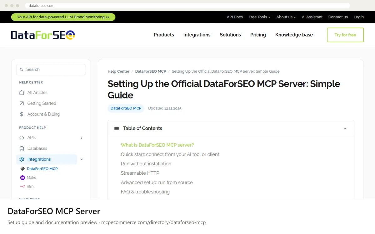 DataForSEO MCP Server setup guide: DataForSEO's MCP documentation page on dataforseo.com, shown in a browser frame (seo MCP server for e-commerce)