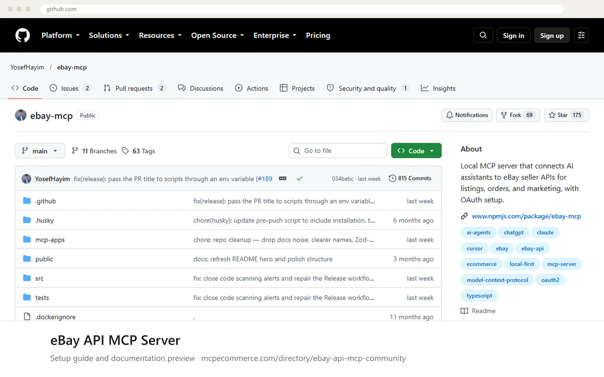 eBay API MCP Server: documentation preview eBay API MCP Server setup guide: Community's MCP documentation page on github.com, shown in a browser frame (marketplaces MCP server for e-commerce)