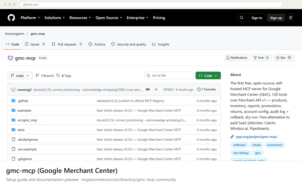 gmc-mcp (Google Merchant Center): documentation preview gmc-mcp (Google Merchant Center) setup guide: Community's MCP documentation page on github.com, shown in a browser frame (advertising MCP server for e-commerce)