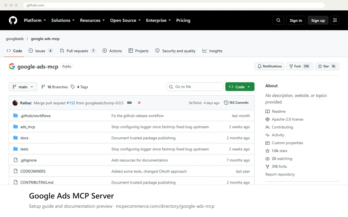 Google Ads MCP Server setup guide: Google's MCP documentation page on github.com, shown in a browser frame (advertising MCP server for e-commerce)
