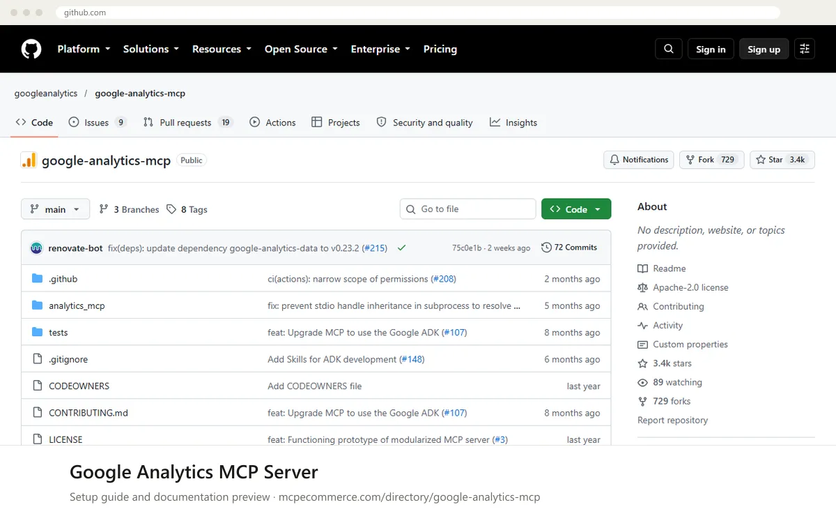 Google Analytics MCP Server setup guide: Google's MCP documentation page on github.com, shown in a browser frame (analytics MCP server for e-commerce)