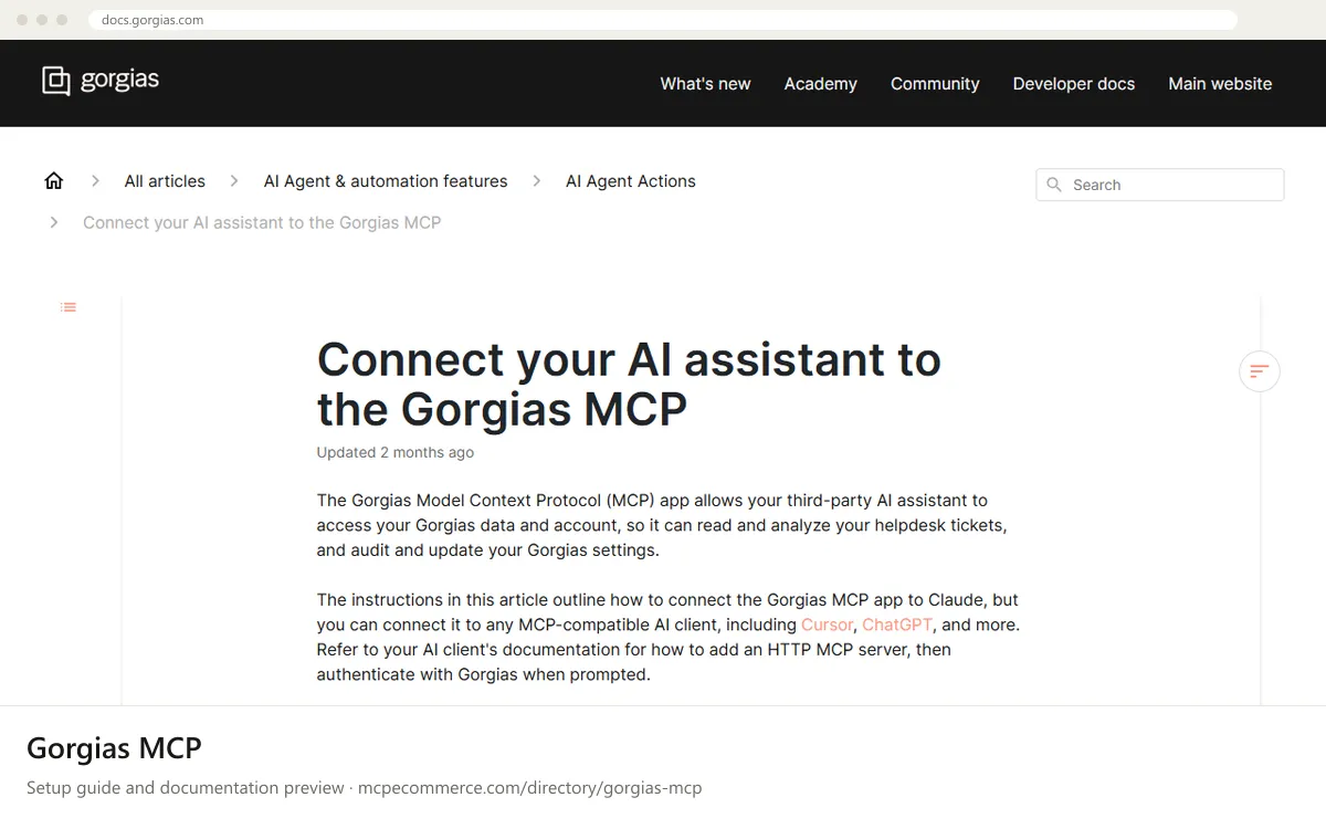 Gorgias MCP: documentation preview Gorgias MCP setup guide: Gorgias's MCP documentation page on docs.gorgias.com, shown in a browser frame (support and reviews MCP server for e-commerce)