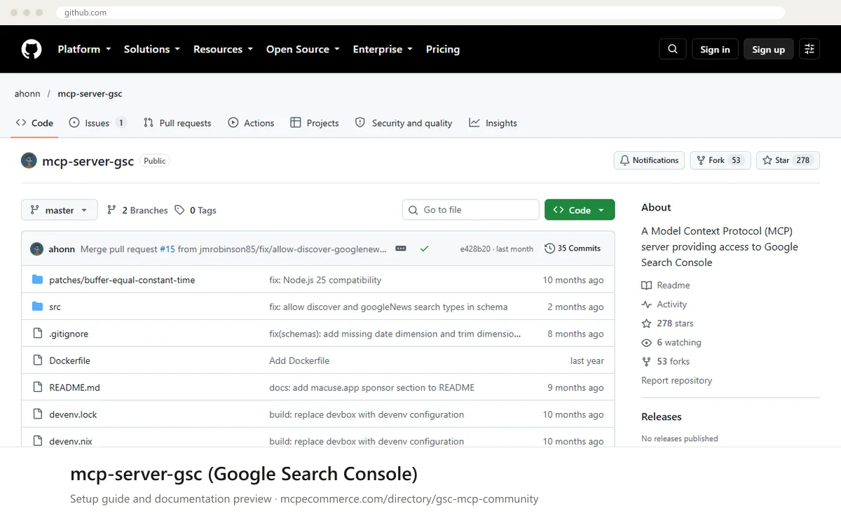 mcp-server-gsc (Google Search Console): documentation preview mcp-server-gsc (Google Search Console) setup guide: Community's MCP documentation page on github.com, shown in a browser frame (seo MCP server for e-commerce)