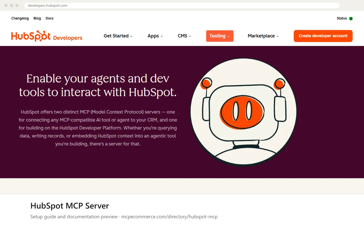 HubSpot MCP Server setup guide: HubSpot's MCP documentation page on developers.hubspot.com, shown in a browser frame (email and crm MCP server for e-commerce)