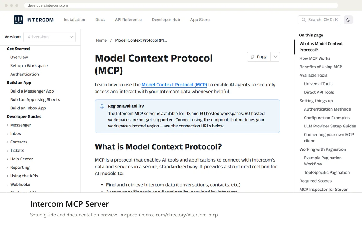 Intercom MCP Server setup guide: Intercom's MCP documentation page on developers.intercom.com, shown in a browser frame (support and reviews MCP server for e-commerce)
