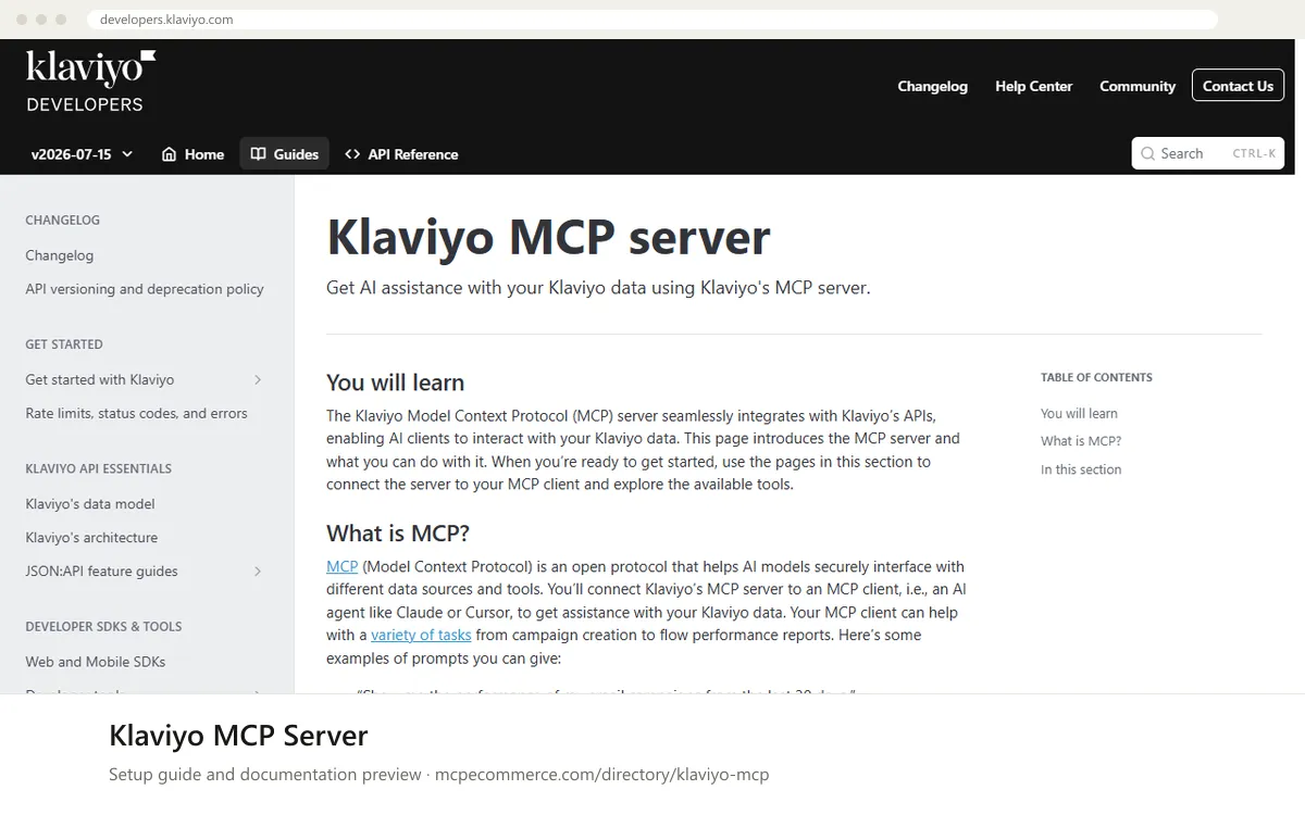 Klaviyo MCP Server setup guide: Klaviyo's MCP documentation page on developers.klaviyo.com, shown in a browser frame (email and crm MCP server for e-commerce)