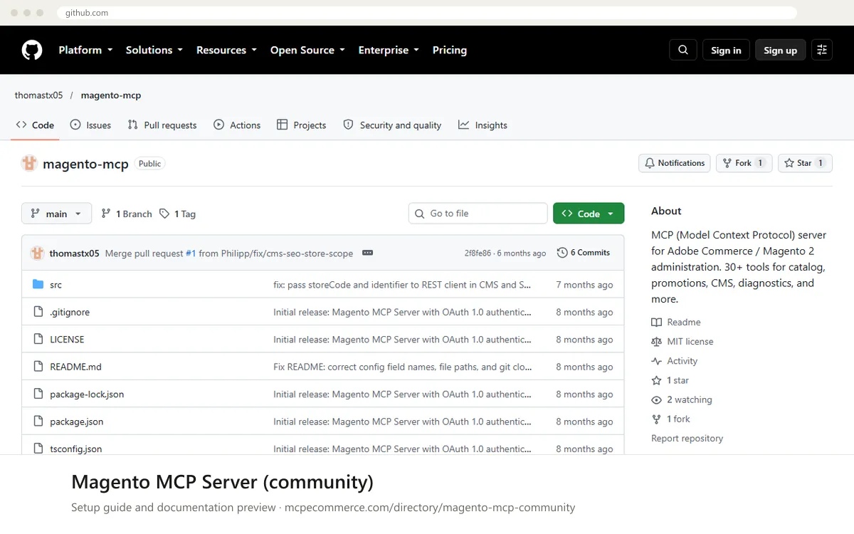 Magento MCP Server (community): documentation preview Magento MCP Server (community) setup guide: Community's MCP documentation page on github.com, shown in a browser frame (store platform MCP server for e-commerce)