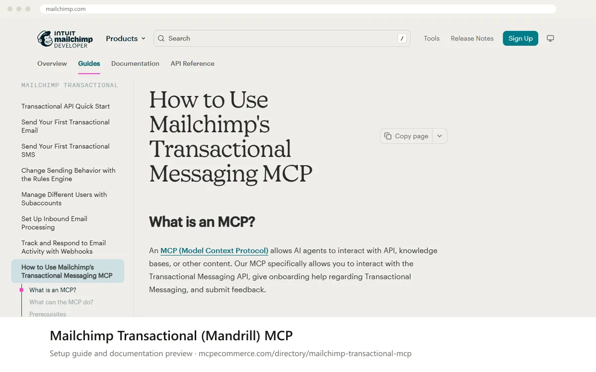 Mailchimp Transactional (Mandrill) MCP setup guide: Mailchimp's MCP documentation page on mailchimp.com, shown in a browser frame (email and crm MCP server for e-commerce)