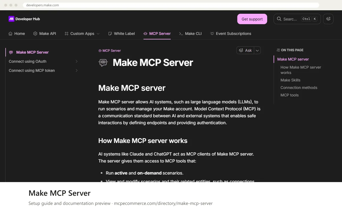 Make MCP Server: documentation preview Make MCP Server setup guide: Make's MCP documentation page on developers.make.com, shown in a browser frame (automation MCP server for e-commerce)