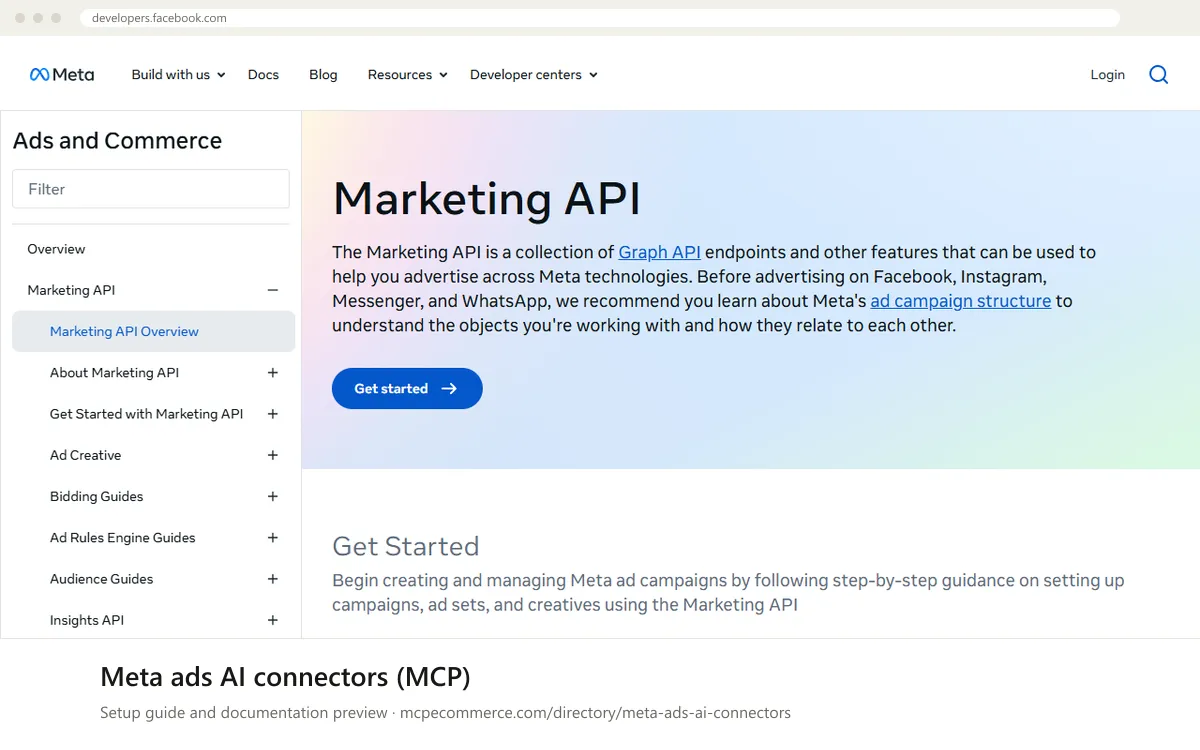 Meta ads AI connectors (MCP): documentation preview Meta ads AI connectors (MCP) setup guide: Meta's MCP documentation page on developers.facebook.com, shown in a browser frame (advertising MCP server for e-commerce)