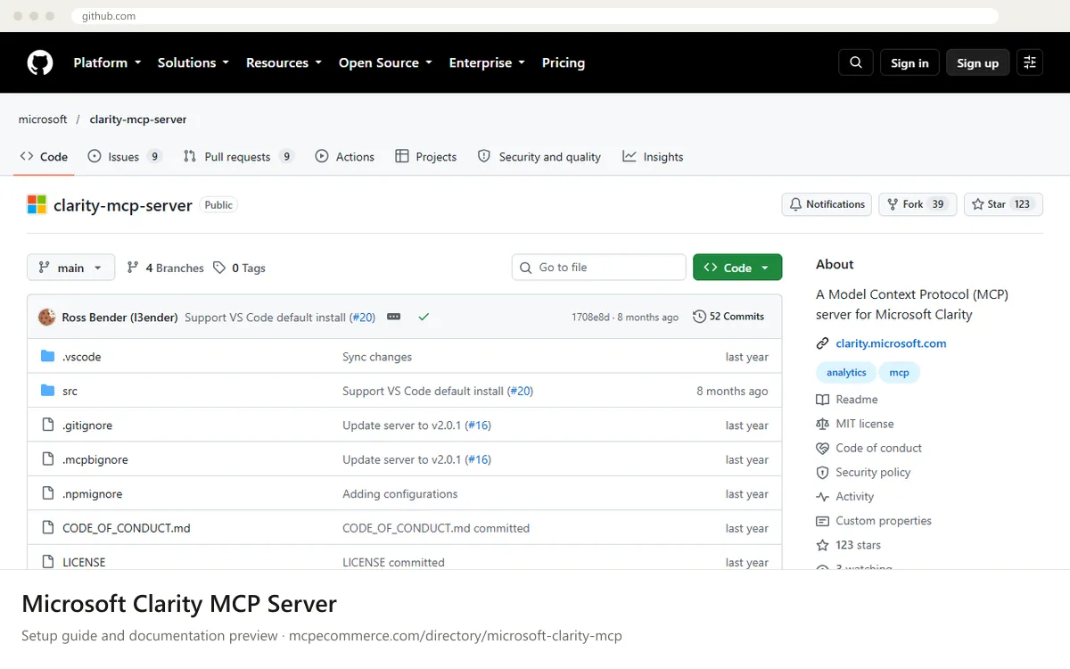 Microsoft Clarity MCP Server: documentation preview Microsoft Clarity MCP Server setup guide: Microsoft's MCP documentation page on github.com, shown in a browser frame (analytics MCP server for e-commerce)