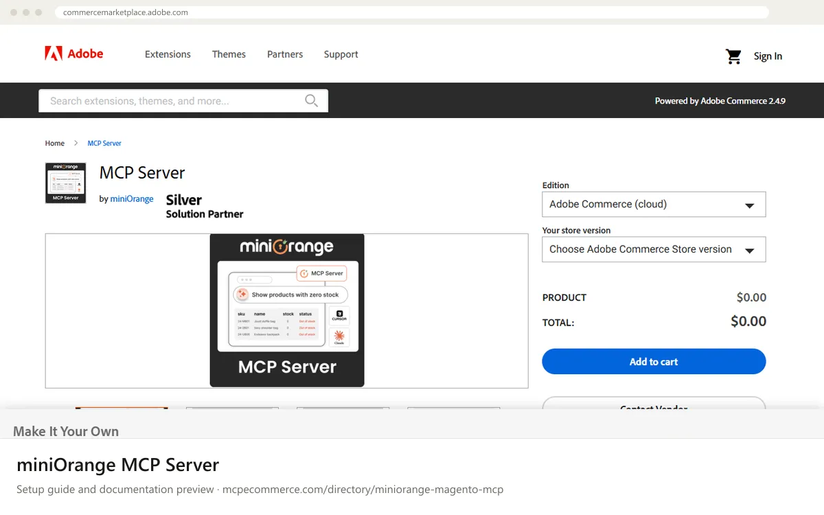 miniOrange MCP Server: documentation preview miniOrange MCP Server setup guide: miniOrange's MCP documentation page on commercemarketplace.adobe.com, shown in a browser frame (store platform MCP server for e-commerce)