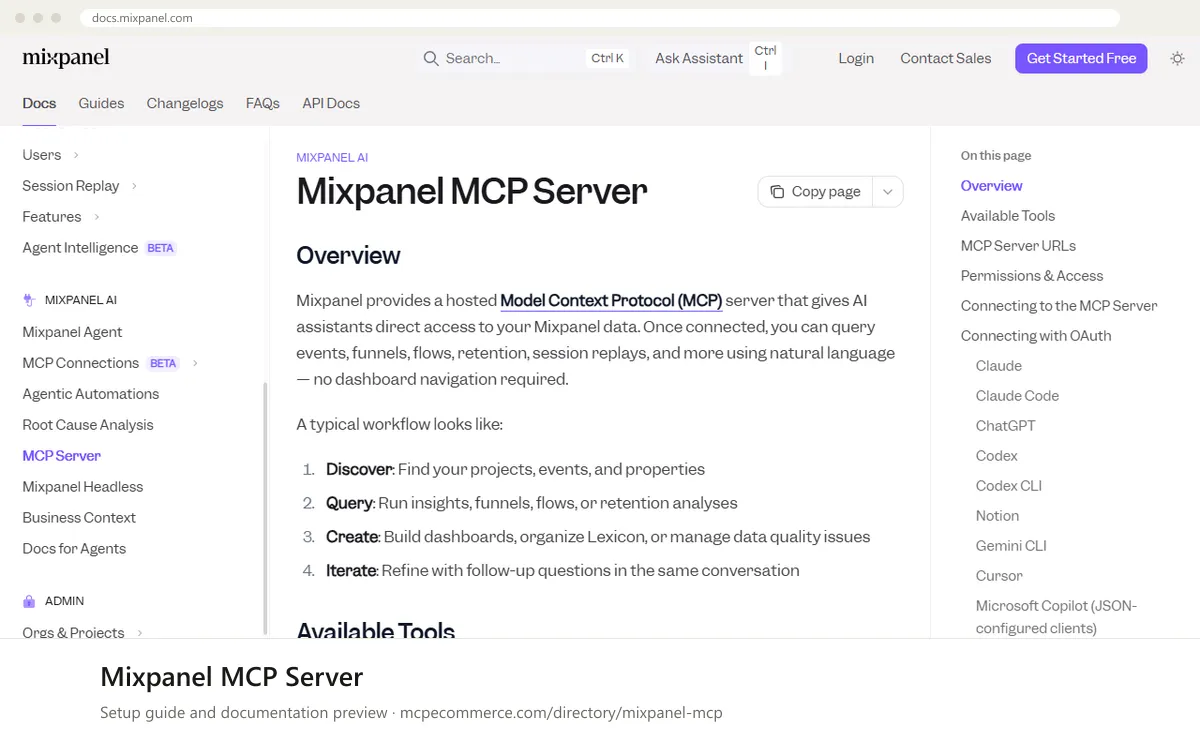 Mixpanel MCP Server: documentation preview Mixpanel MCP Server setup guide: Mixpanel's MCP documentation page on docs.mixpanel.com, shown in a browser frame (analytics MCP server for e-commerce)