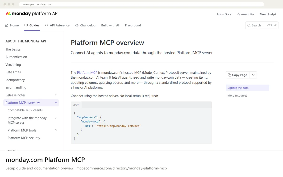 monday.com Platform MCP: documentation preview monday.com Platform MCP setup guide: monday.com's MCP documentation page on developer.monday.com, shown in a browser frame (agency operations MCP server for e-commerce)