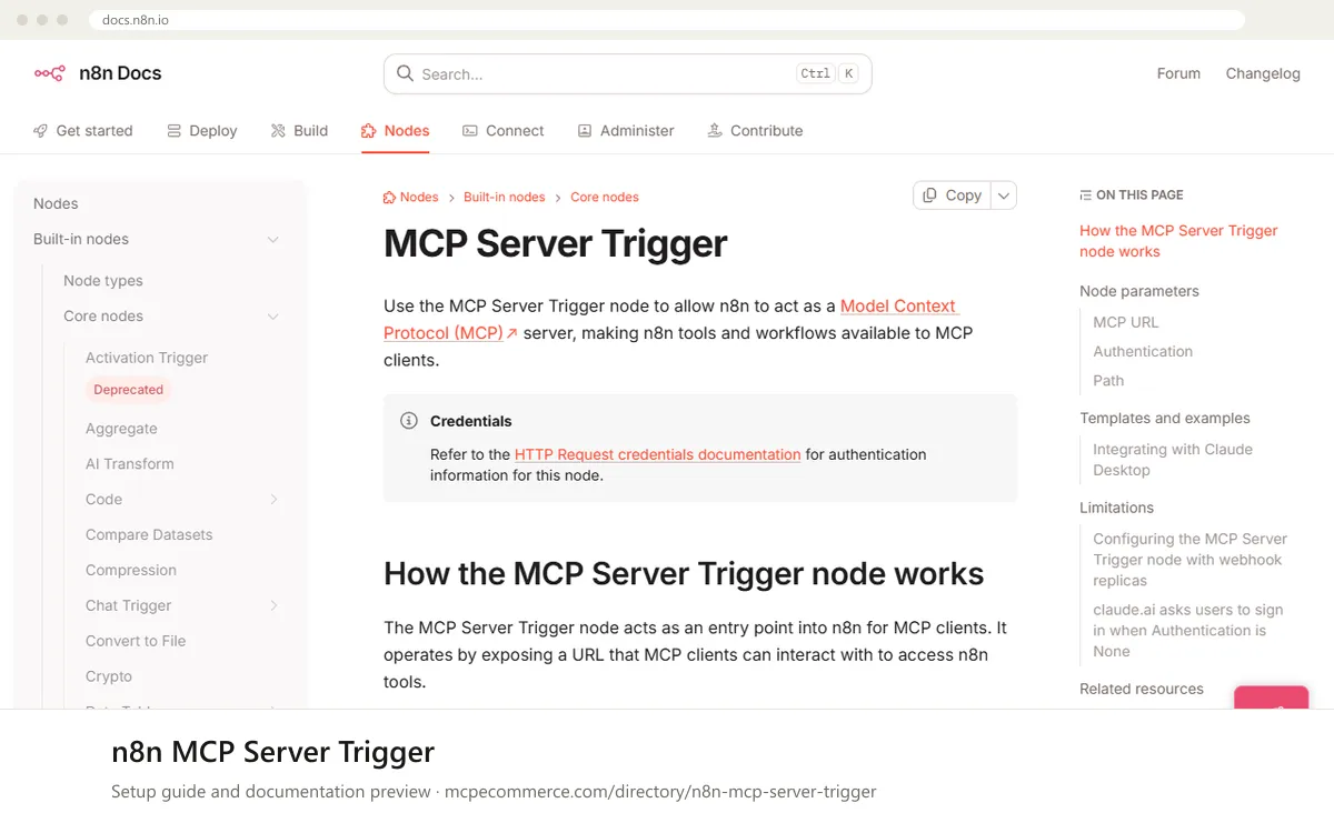 n8n MCP Server Trigger: documentation preview n8n MCP Server Trigger setup guide: n8n's MCP documentation page on docs.n8n.io, shown in a browser frame (automation MCP server for e-commerce)
