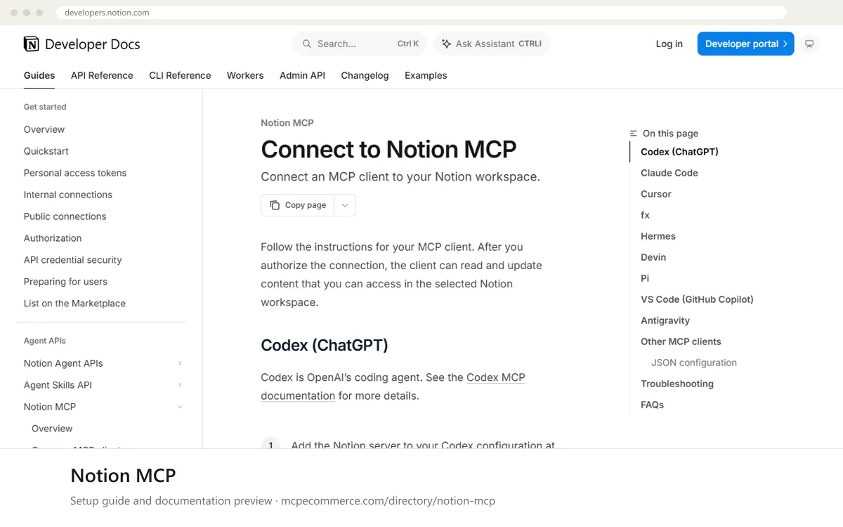 Notion MCP: documentation preview Notion MCP setup guide: Notion's MCP documentation page on developers.notion.com, shown in a browser frame (agency operations MCP server for e-commerce)