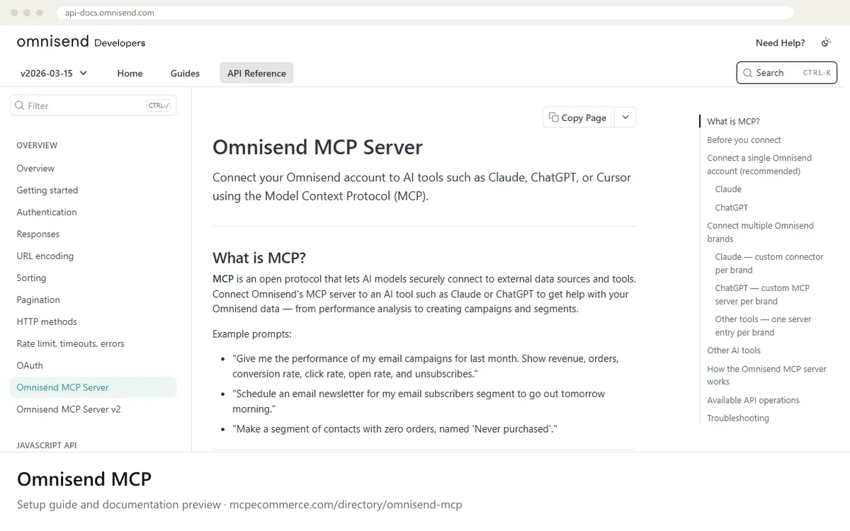 Omnisend MCP setup guide: Omnisend's MCP documentation page on api-docs.omnisend.com, shown in a browser frame (email and crm MCP server for e-commerce)