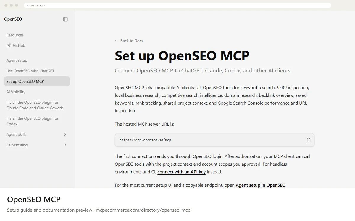 OpenSEO MCP: documentation preview OpenSEO MCP setup guide: OpenSEO's MCP documentation page on openseo.so, shown in a browser frame (seo MCP server for e-commerce)