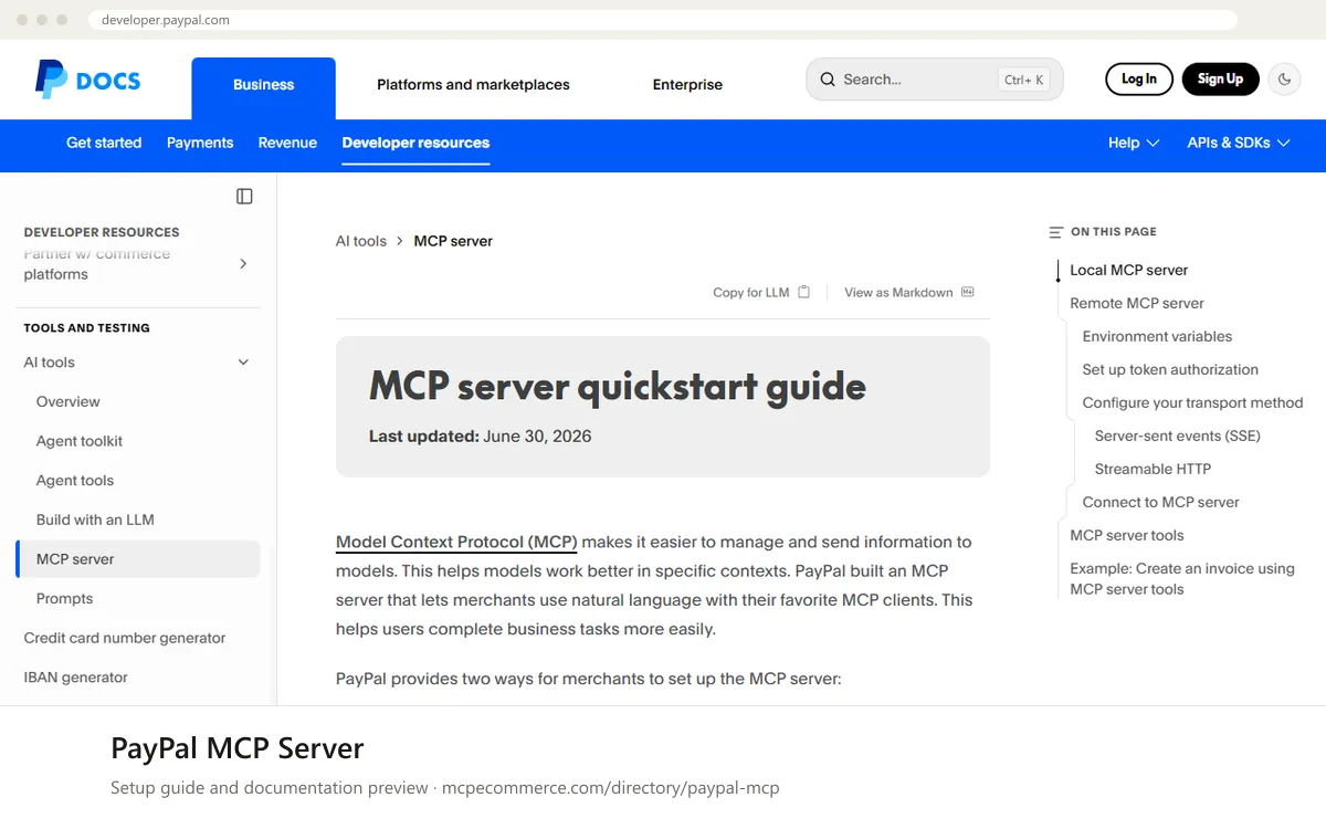 PayPal MCP Server: documentation preview PayPal MCP Server setup guide: PayPal's MCP documentation page on developer.paypal.com, shown in a browser frame (payments MCP server for e-commerce)
