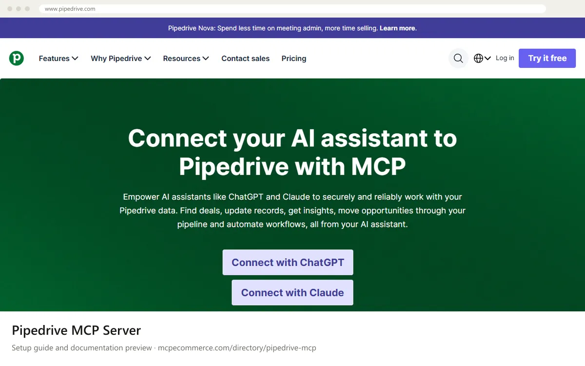 Pipedrive MCP Server: documentation preview Pipedrive MCP Server setup guide: Pipedrive's MCP documentation page on www.pipedrive.com, shown in a browser frame (email and crm MCP server for e-commerce)