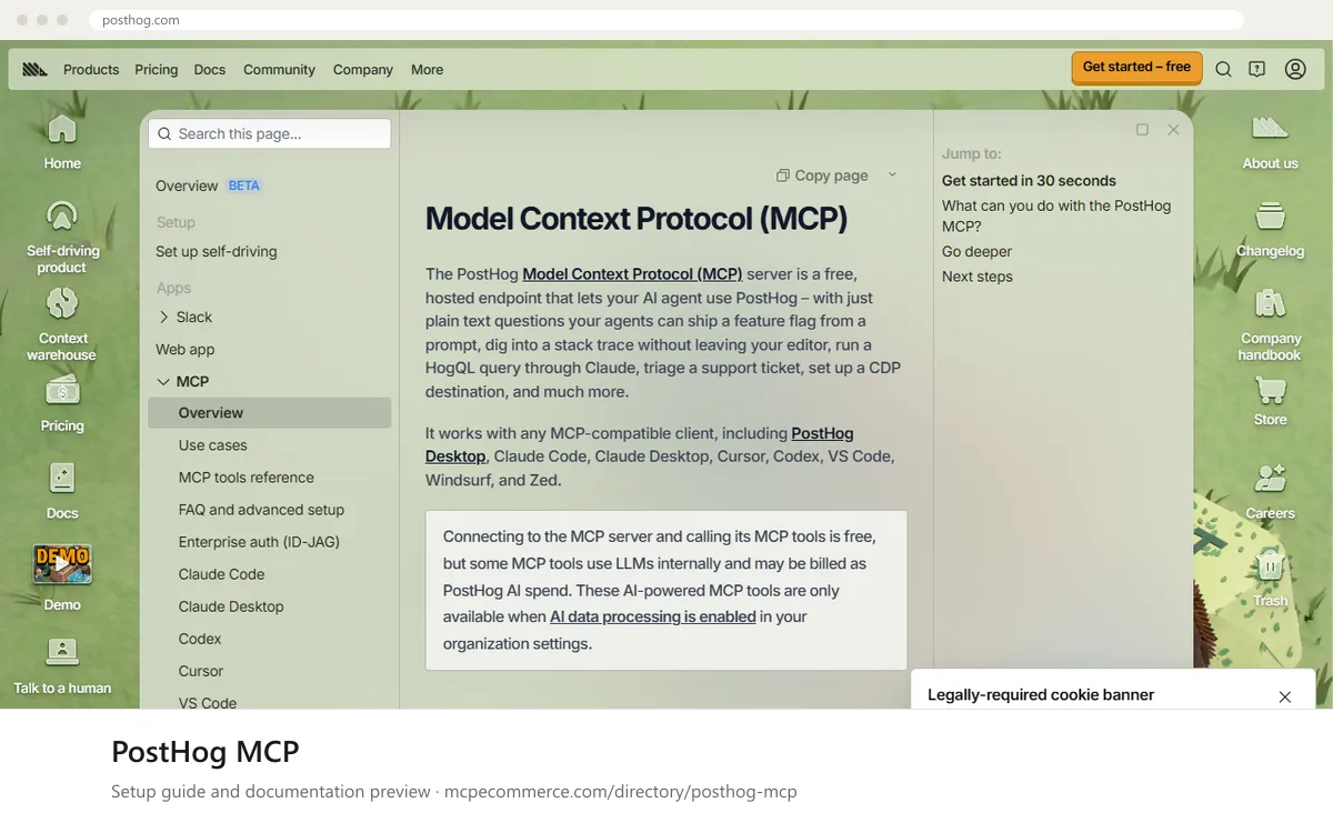 PostHog MCP: documentation preview PostHog MCP setup guide: PostHog's MCP documentation page on posthog.com, shown in a browser frame (analytics MCP server for e-commerce)