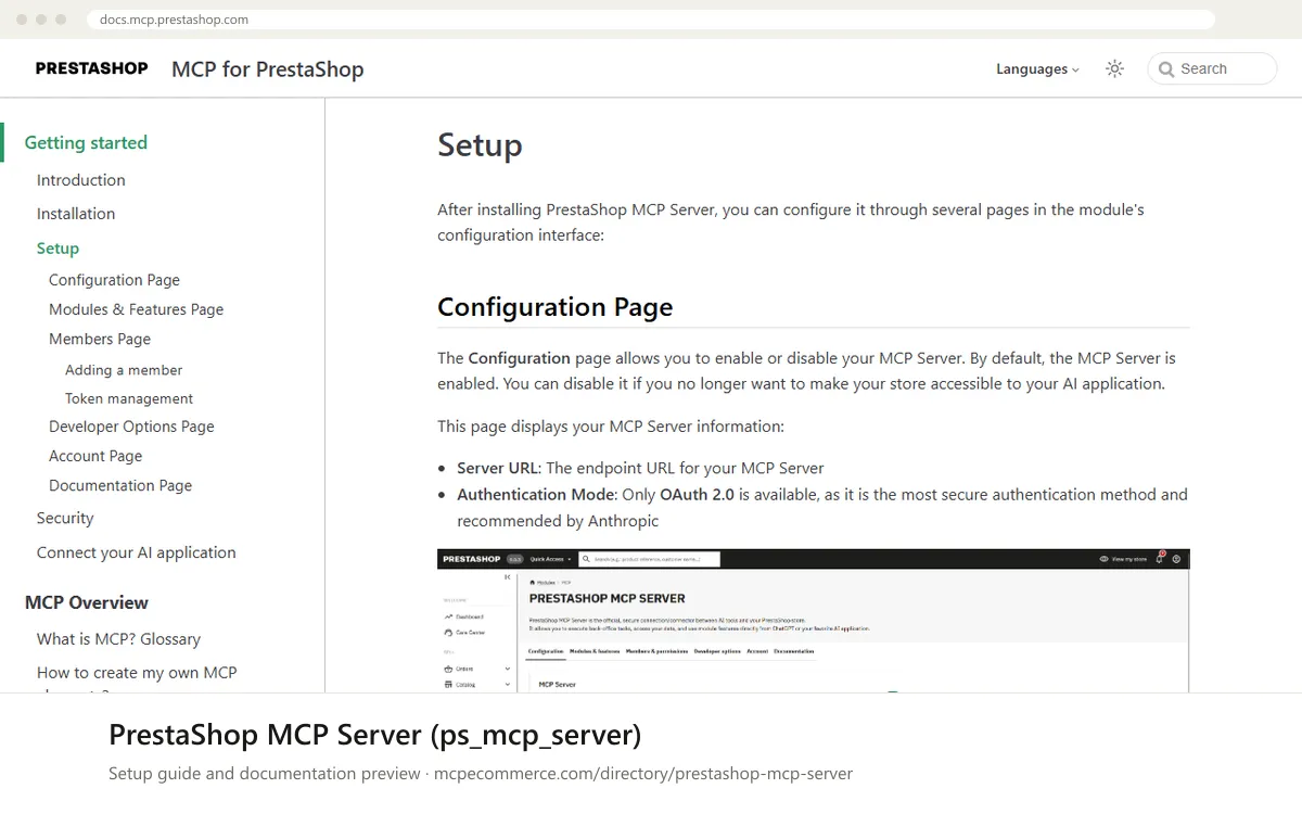 PrestaShop MCP Server (ps_mcp_server): documentation preview PrestaShop MCP Server (ps_mcp_server) setup guide: PrestaShop's MCP documentation page on docs.mcp.prestashop.com, shown in a browser frame (store platform MCP server for e-commerce)