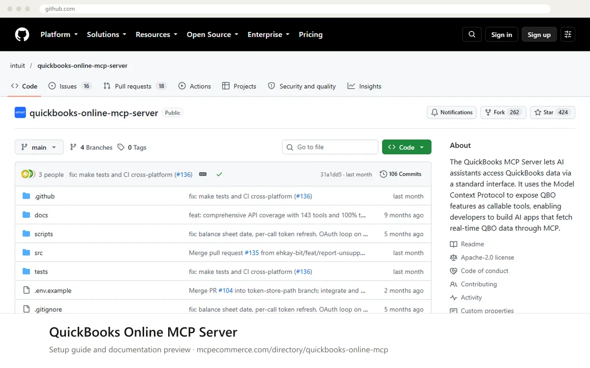 QuickBooks Online MCP Server setup guide: Intuit's MCP documentation page on github.com, shown in a browser frame (payments MCP server for e-commerce)