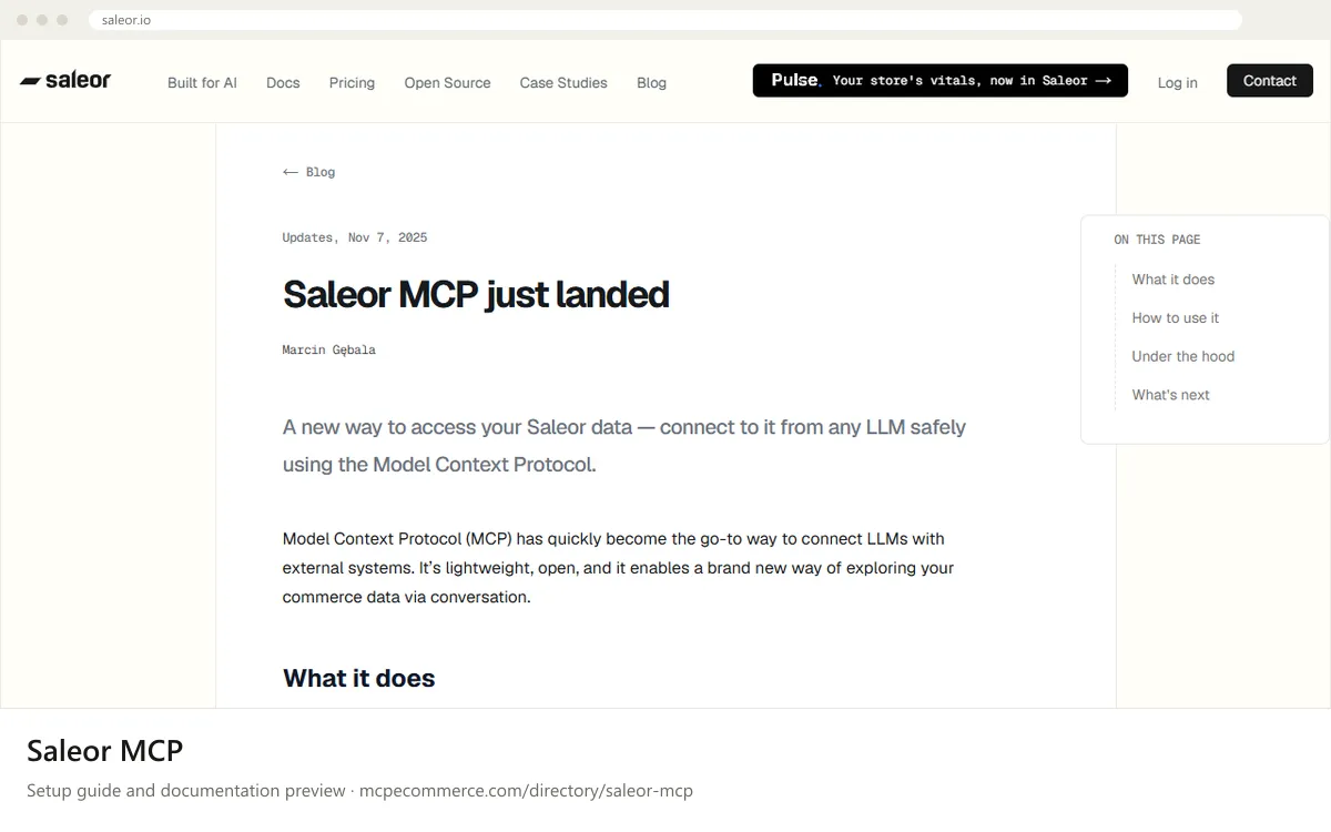 Saleor MCP setup guide: Saleor's MCP documentation page on saleor.io, shown in a browser frame (store platform MCP server for e-commerce)