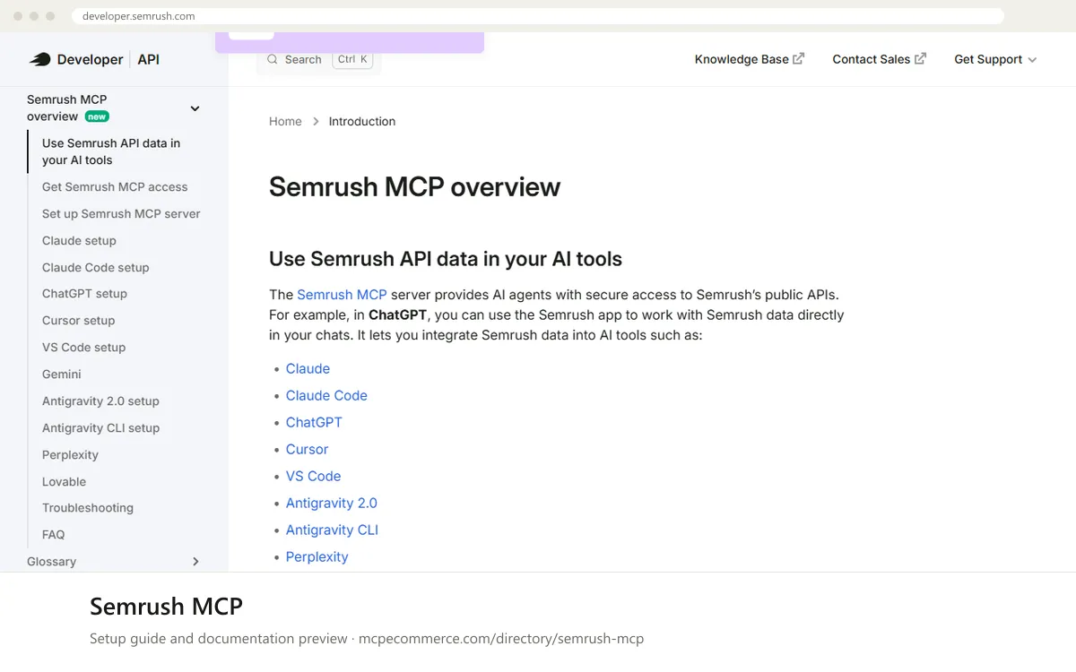 Semrush MCP setup guide: Semrush's MCP documentation page on developer.semrush.com, shown in a browser frame (seo MCP server for e-commerce)