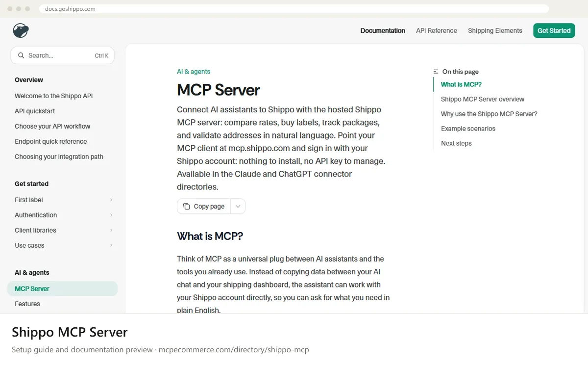 Shippo MCP Server: documentation preview Shippo MCP Server setup guide: Shippo's MCP documentation page on docs.goshippo.com, shown in a browser frame (shipping and inventory MCP server for e-commerce)