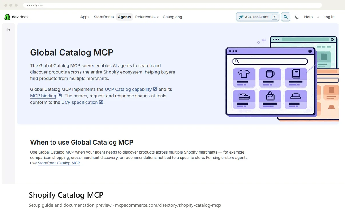 Shopify Catalog MCP: documentation preview Shopify Catalog MCP setup guide: Shopify's MCP documentation page on shopify.dev, shown in a browser frame (store platform MCP server for e-commerce)