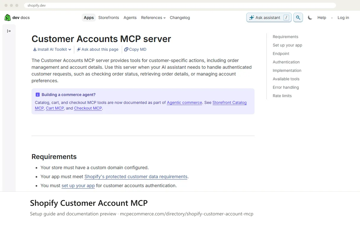 Shopify Customer Account MCP: documentation preview Shopify Customer Account MCP setup guide: Shopify's MCP documentation page on shopify.dev, shown in a browser frame (store platform MCP server for e-commerce)